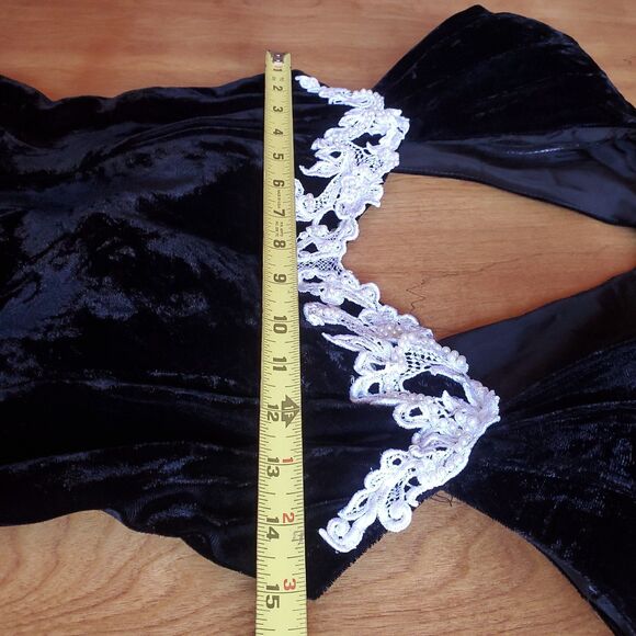 Vintage Roberta Black Velvet Maxi Dress 26" Waist White Bow Beaded Lace - Picture 11 of 14